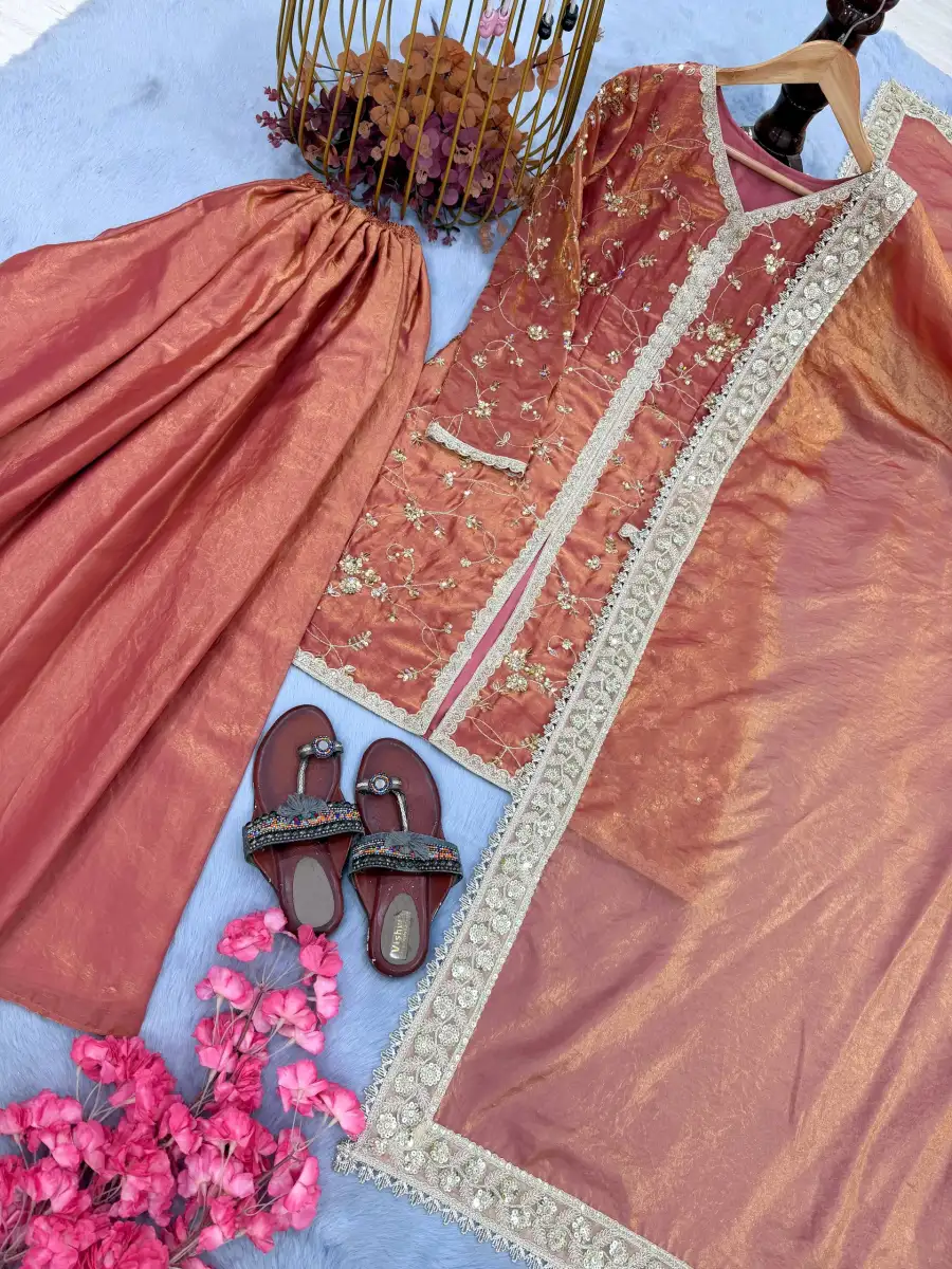 3DESIGNER FENDY SILK EMBROIDERY SEQUENCE & CODING DORI WITH RIVET MOTI WORK TOP PALAZZO WITH DUPATTA FESTIVE WEAR WHOLESALE PRICE ETHNIC GARMENT (3)