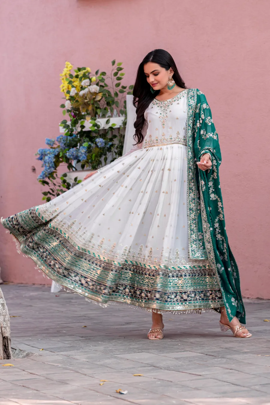 3DESIGNER GEORGETTE EMBROIDERY SEQUENCE WORK WITH FANCY BORDER GOWN BOTTOM WITH DUPATTA FESTIVE WEAR WHOLESALE PRICE ETHNIC GRAMENT (33)