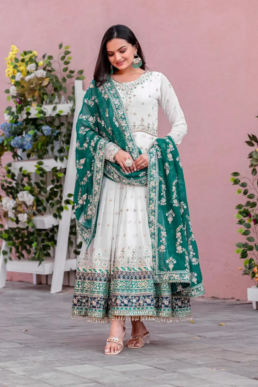 3DESIGNER GEORGETTE EMBROIDERY SEQUENCE WORK WITH FANCY BORDER GOWN BOTTOM WITH DUPATTA FESTIVE WEAR WHOLESALE PRICE ETHNIC GRAMENT (34)