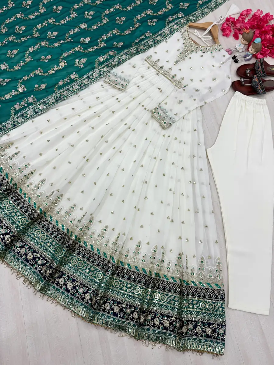 3DESIGNER GEORGETTE EMBROIDERY SEQUENCE WORK WITH FANCY BORDER GOWN BOTTOM WITH DUPATTA FESTIVE WEAR WHOLESALE PRICE ETHNIC GRAMENT (36)