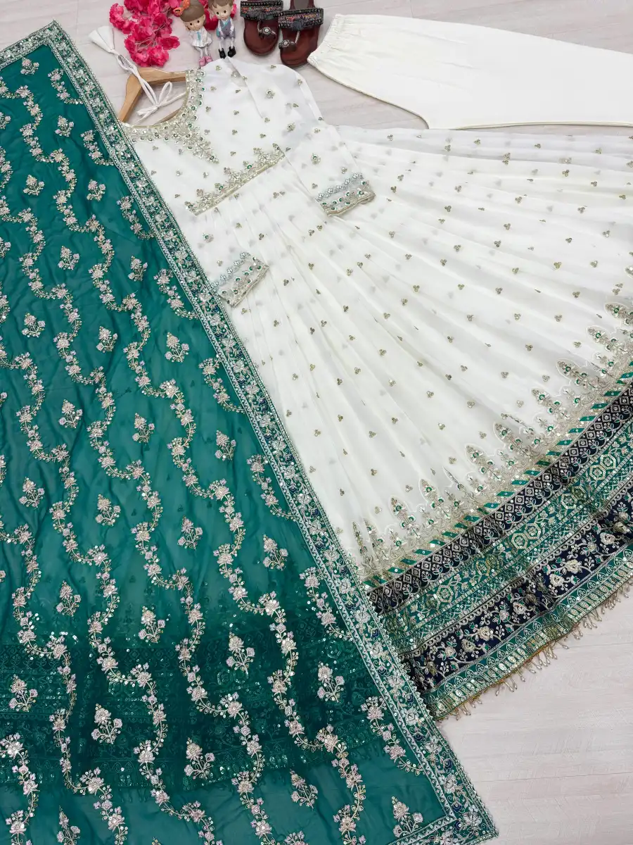 3DESIGNER GEORGETTE EMBROIDERY SEQUENCE WORK WITH FANCY BORDER GOWN BOTTOM WITH DUPATTA FESTIVE WEAR WHOLESALE PRICE ETHNIC GRAMENT (38)