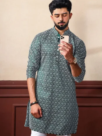 DESIGNER KHADI SILK SEQUENCE EMBROIDERY CHIKANKARI WORK MEN'S ONLY KURTA RAMA