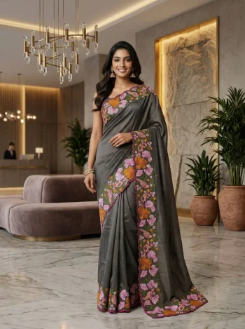 DESIGNER MANIPURI SILK MULTI COLOUR THREAD EMBROIDERY WITH CUTWORK SAREE WITH UNSTITCHED BLOUSE GREY
