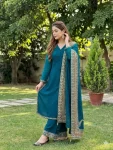 DESIGNER ROMAN SILK EMBROIDERY SEQUENCE WORK TOP PALAZZO WITH DUPATTA TEAL