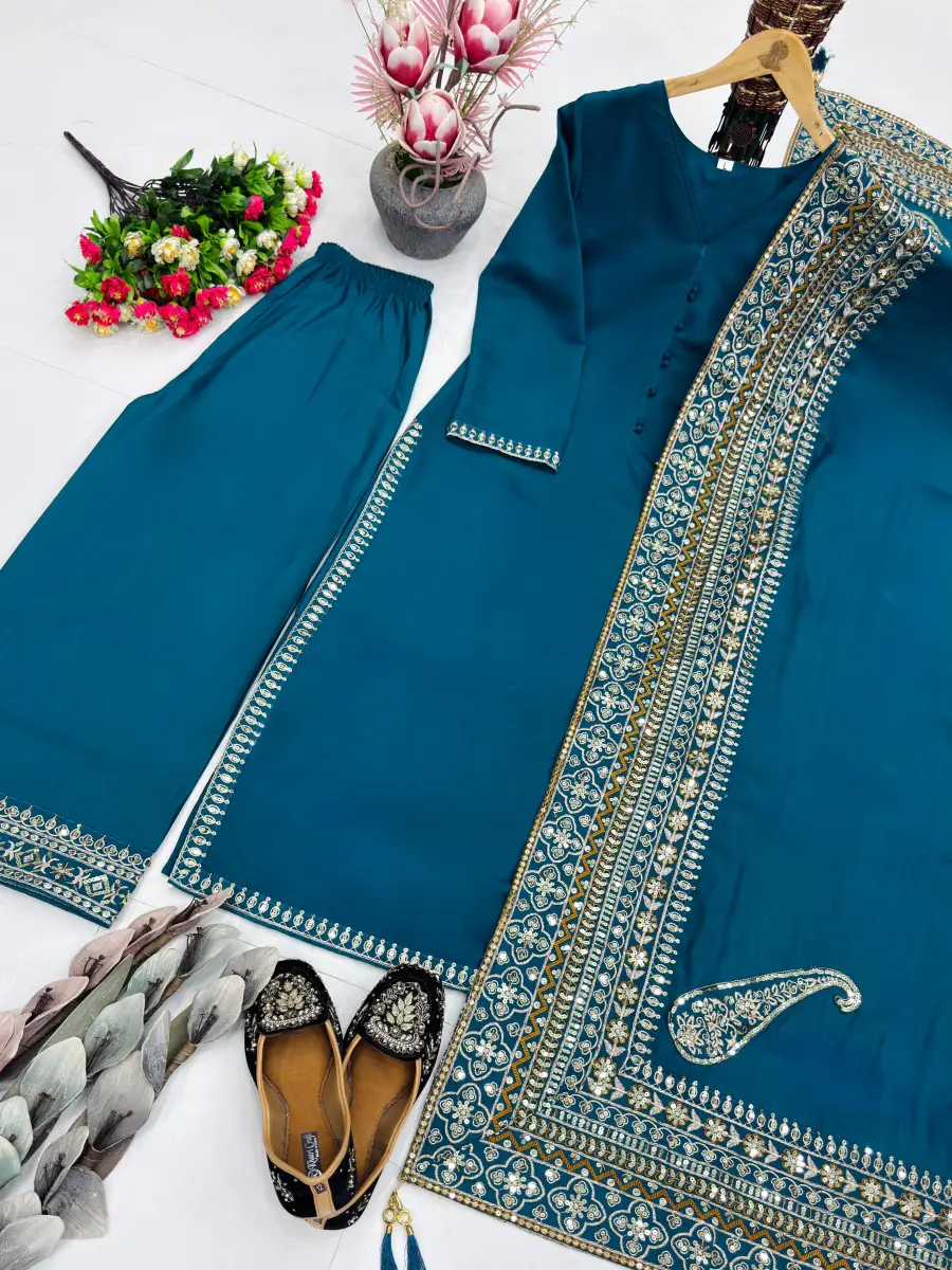 3DESIGNER ROMAN SILK EMBROIDERY SEQUENCE WORK TOP PALAZZO WITH DUPATTA FESTIVE WEAR WHOLESALE PRICE ETHNIC GARMENT (14)