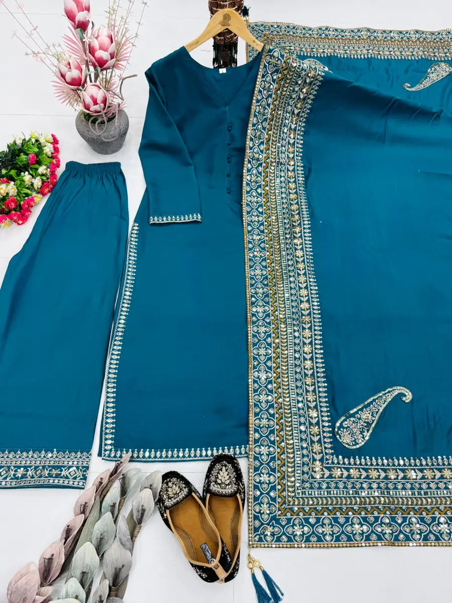 3DESIGNER ROMAN SILK EMBROIDERY SEQUENCE WORK TOP PALAZZO WITH DUPATTA FESTIVE WEAR WHOLESALE PRICE ETHNIC GARMENT (15)