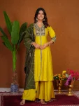 DESIGNER ROMAN SILK MULTI EMBROIDERY THREAD WITH BEAUTIFUL HAND WORK TOP PALAZZO WITH DUPATTA LEMON AND GREEN