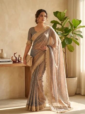 DESIGNER TABBY SILK FLORAL PRINT WITH BEADS AND CUTDANA HANDWORK SAREE WITH UNSTITCHED BLOUSE GREY