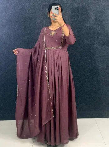 DESIGNER VICHITRA SILK HANDWORK GOWN WITH DUPATTA WINE