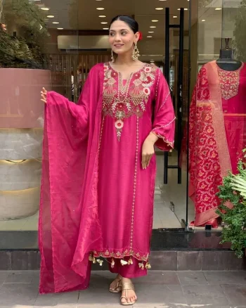 FANCY CHANDERI SILK SEQUENCE CODING EMBROIDERY WORK TOP BOTTOM WITH DUPATTA PINK