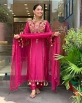 3FANCY CHANDERI SILK SEQUENCE CODING EMBROIDERY WORK TOP BOTTOM WITH DUPATTA FESTIVE WEAR WHOLESALE PRICE ETHNIC GARMENT (22)