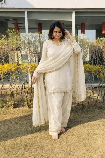 FANCY FENDY SATIN MIRROR AND MOTI WITH LACE BORDER WORK TOP PALAZZO WITH DUPATTA CREAM