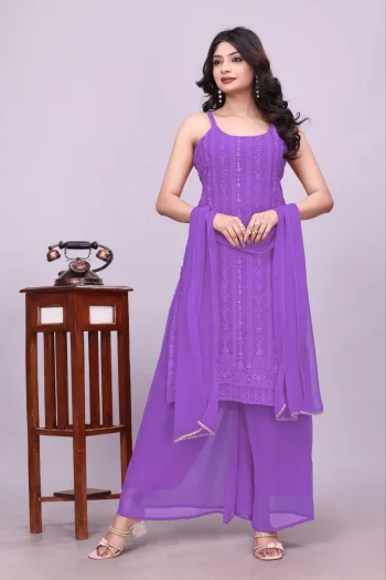 FANCY GEORGETTE SEQUENCE EMBROIDERY WORK TOP PALAZZO WITH DUPATTA LAVENDER