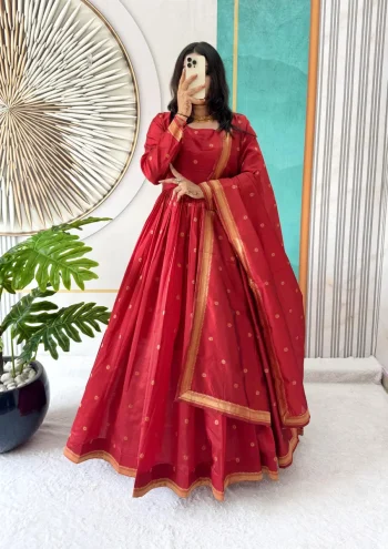 FANCY HANDLOOK COTTON ZARI WEAVING BUTTI WORK GOWN WITH DUPATTA RED