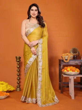 MODERN CHIFFON EMBROIDERY WORK SAREE WITH UNSTITCHED BLOUSE YELLOW