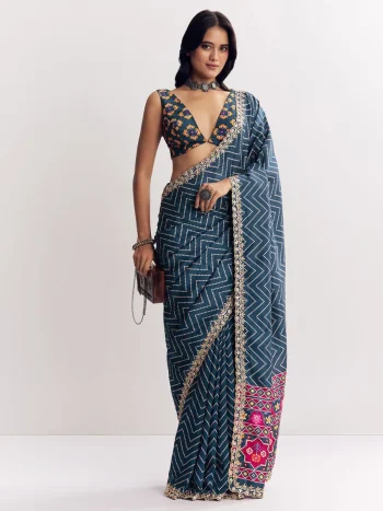 MODERN MANIPURI SILK PRINTED WITH EMBROIDERY WORK LACE WORK SAREE WITH UNSTITCHED BLOUSE TEAL
