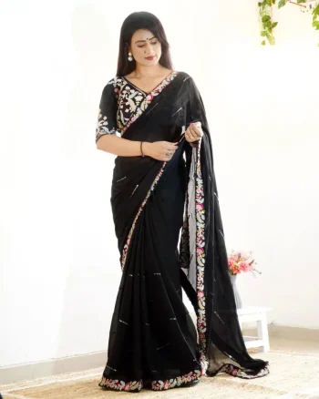 MODERN RANGOLI SILK EMBROIDERY SEQUENCE WITH MULTI THREAD AND CUT WORK LACE SAREE WITH STITCHED BLOUSE BLACK