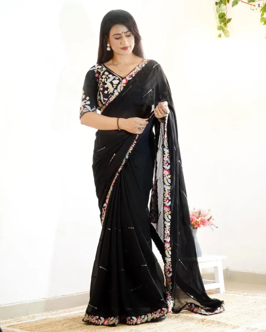 3MODERN RANGOLI SILK EMBROIDERY SEQUENCE WITH MULTI THREAD AND CUT WORK LACE SAREE WITH STITCHED BLOUSE WEDDING WEAR WHOLESALE PRICE ETHNIC GARMENT (14)
