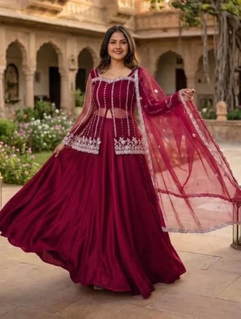 MODERN RANGOLI SILK EMBROIDERY WORK LEHENGA KOTI WITH DUPATTA WINE