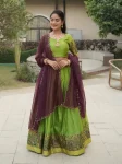 MODERN SHIMMER WEAVING BORDER AND SILVER-GOLDEN ZARI DETAILING AND BORDER WORK LEHENGA CHOLI WITH DUPATTA PARROT GREEN