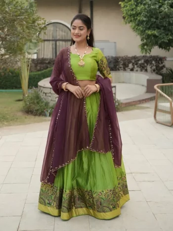 MODERN SHIMMER WEAVING BORDER AND SILVER-GOLDEN ZARI DETAILING AND BORDER WORK LEHENGA CHOLI WITH DUPATTA PARROT GREEN