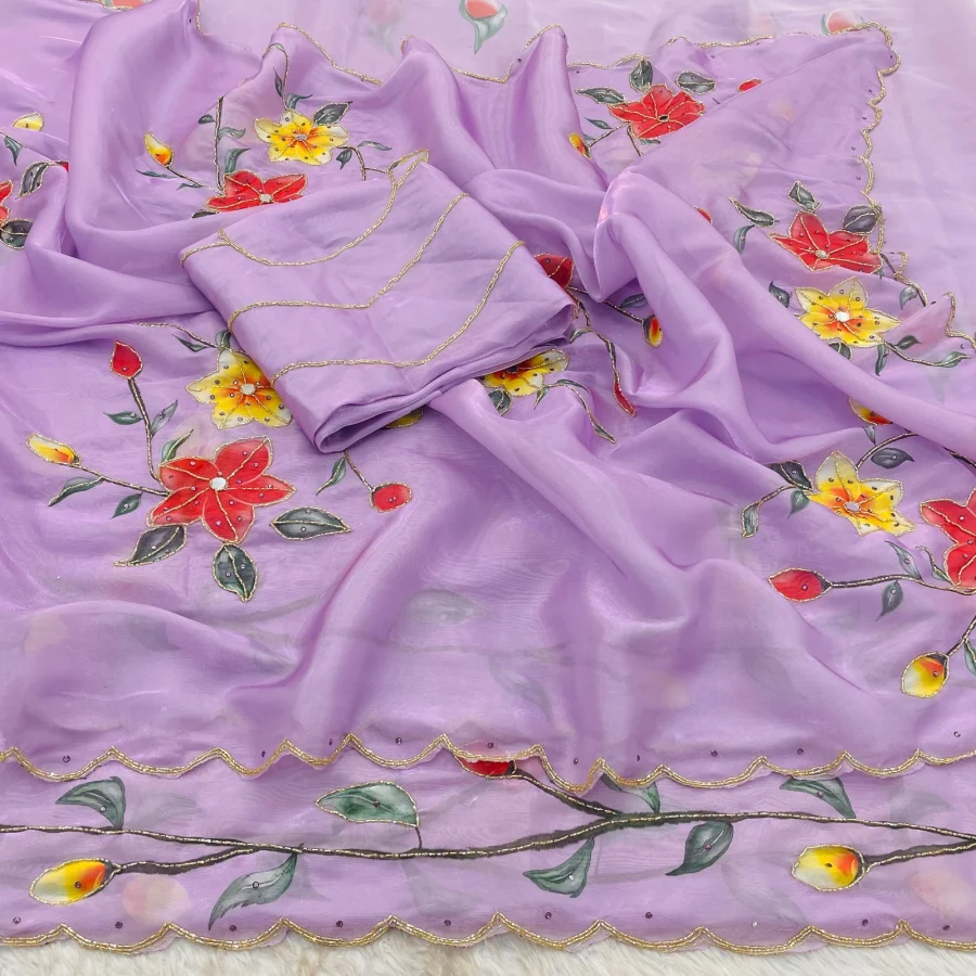 3NEW ARRIVAL GMY SILK FLORAL PRINT WITH BEADS AND CUTDANA HANDWORK BORDER WITH REAL MIRROR WORK SAREE WITH UNSTITCHED BLOUSE PARTY WEAR WHOLESALE PRICE ETHNIC GARMENT (8)