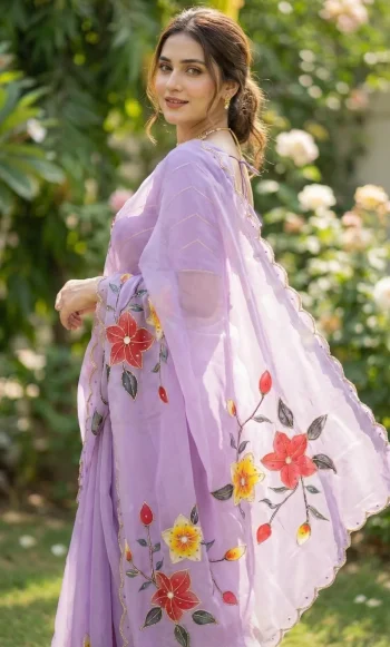 NEW ARRIVAL GMY SILK FLORAL PRINT WITH BEADS AND CUTDANA HANDWORK BORDER WITH REAL MIRROR WORK SAREE WITH UNSTITCHED BLOUSE LAVENDER