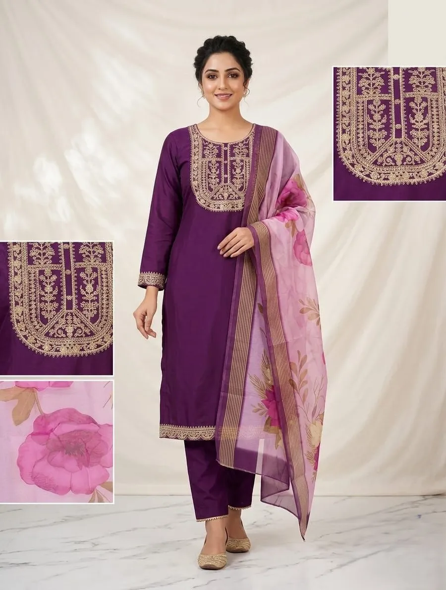 3NEW ARRIVAL SLUB COTTON CUT PASTE EMBROIDERY WORK TOP BOTTOM WITH DUPATTA FESTIVE WEAR WHOLESALE PRICE ETHNIC GARMENT (31)