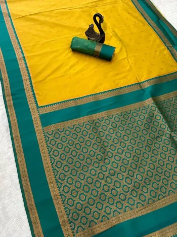 NEW ARRIVAL TWO TONE SILK ZARI MOTIFS WITH WOVEN CONTRAST ZARI PALLU AND  BORDER WORK SAREE WITH UNSTITCHED BLOUSE LEMON