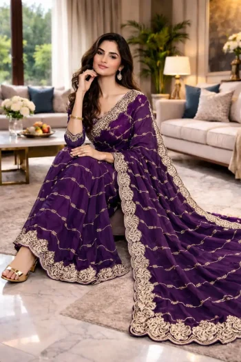 RICH LOOK FENDY SATIN BEADS EMBROIDERY AND LINING WORK WITH CUTWORK BORDER SAREE WITH UNSTITCHED BLOUSE WINE