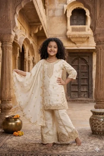 RICH LOOK GEORGETTE EMBROIDERY, 5 MM SEQUENCE & CODING & MOTI WORK TOP PALAZZO WITH DUPATTA OFF WHITE