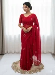 RICH LOOK GEORGETTE HEART HANDWORK KUMUD BEADS WORK SAREE WITH UNSTITCHED BLOUSE RED
