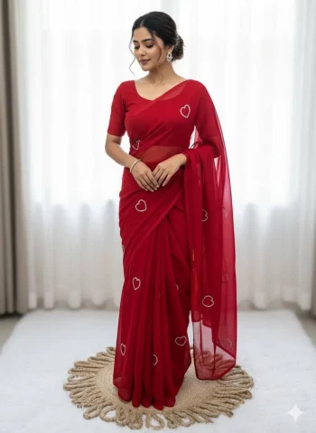 RICH LOOK GEORGETTE HEART HANDWORK KUMUD BEADS WORK SAREE WITH UNSTITCHED BLOUSE RED