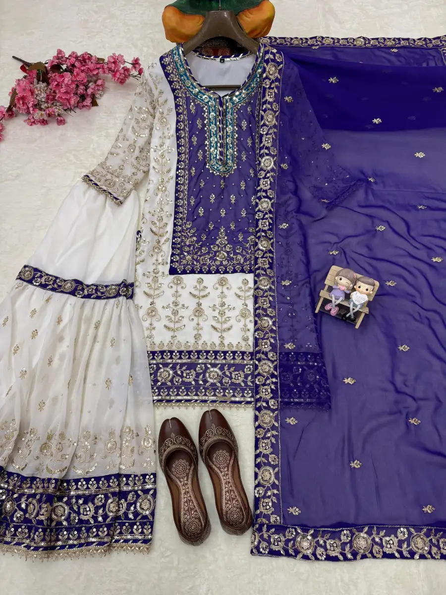 3RICH LOOK GEORGETTE SEQUENCE & ZARI EMBROIDERY WITH PEARL MOTI WORK TOP SHARARA WITH DUPATTA FESTIVE WEAR WHOLESALE PRICE ETHNIC GARMENT (21)