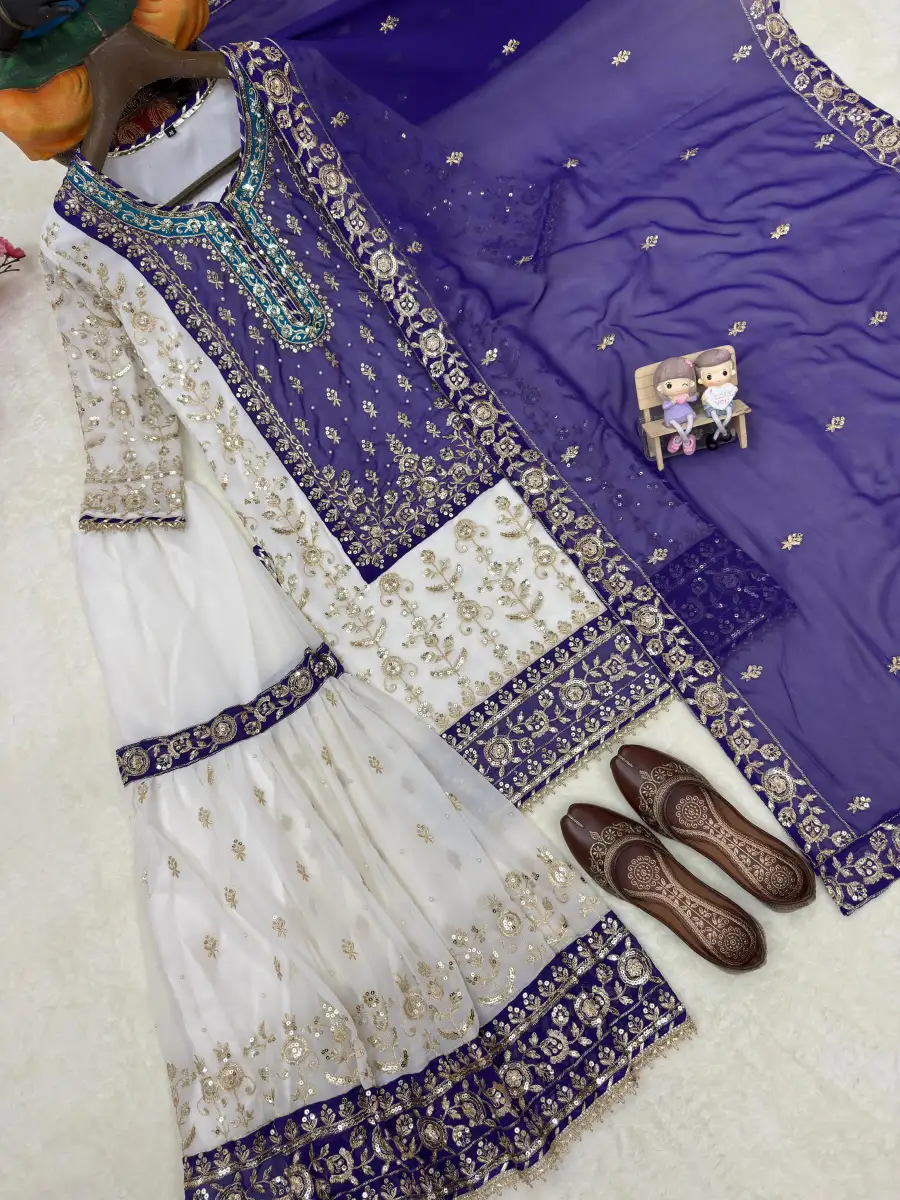 3RICH LOOK GEORGETTE SEQUENCE & ZARI EMBROIDERY WITH PEARL MOTI WORK TOP SHARARA WITH DUPATTA FESTIVE WEAR WHOLESALE PRICE ETHNIC GARMENT (30)