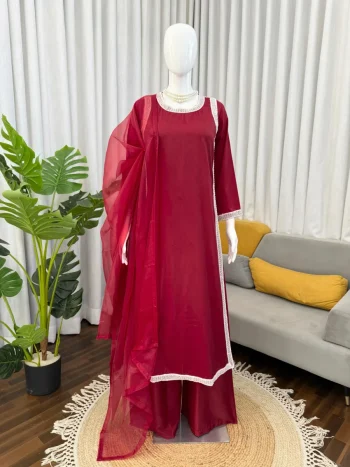 RICH LOOK NATURAL CREPE BEADS LACE BORDER WORK TOP PALAZZO WITH DUPATTA MAROON