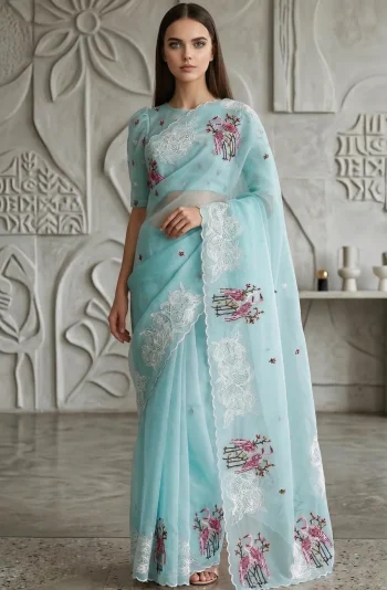 RICH LOOK ORGANZA MULTI THREAD EMBROIDERY WORK WITH CUTWORK PATCH AND BORDER WORK SAREE WITH UNSTITCHED BLOUSE SKY
