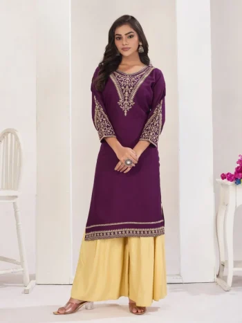 RICH LOOK RAYON EMBROIDERY WORK KURTI PALAZZO SET PURPLE