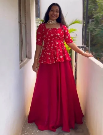 RICH LOOK SPACE SILK SEQUENCE EMBROIDERY WORK TOP LEHENGA SET RED