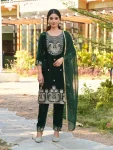 RICH LOOK VELVET BEADS, PIPE & 3 MM SEQUENCE WORK TOP BOTTOM WITH DUPATTA GREEN