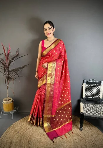 TRENDING BANARASI TISSUE BUTTI WORK WITH HEAVY BORDER SAREE WITH UNSTITCHED BLOUSE RANI