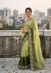 DESIGNER CHINON SILK CONTRAST PALLU ZARI THREAD AND SEQUENCE WORK SAREE WITH UNSTITCHED BLOUSE MINT
