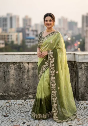 DESIGNER CHINON SILK CONTRAST PALLU ZARI THREAD  AND SEQUENCE WORK SAREE WITH UNSTITCHED BLOUSE MINT