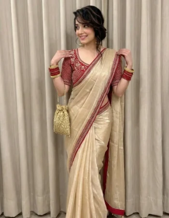 DESIGNER CRUSH SILK HAND WORK FANCY LACE BORDER WORK SAREE WITH STITCHED BLOUSE CREAM