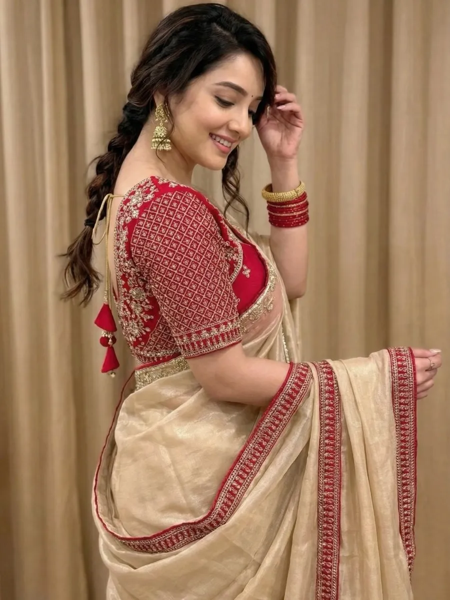 4DESIGNER CRUSH SILK HAND WORK FANCY LACE BORDER WORK SAREE WITH STITCHED BLOUSE FESTIVE WEAR WHOLESALE PRICE ETHNIC GARMENT (29)
