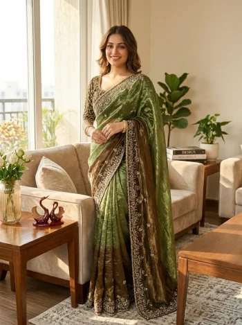 DESIGNER FENDY CHIFFON SEQUENCE EMBROIDERY WORK SAREE WITH UNSTITCHED BLOUSE GREEN