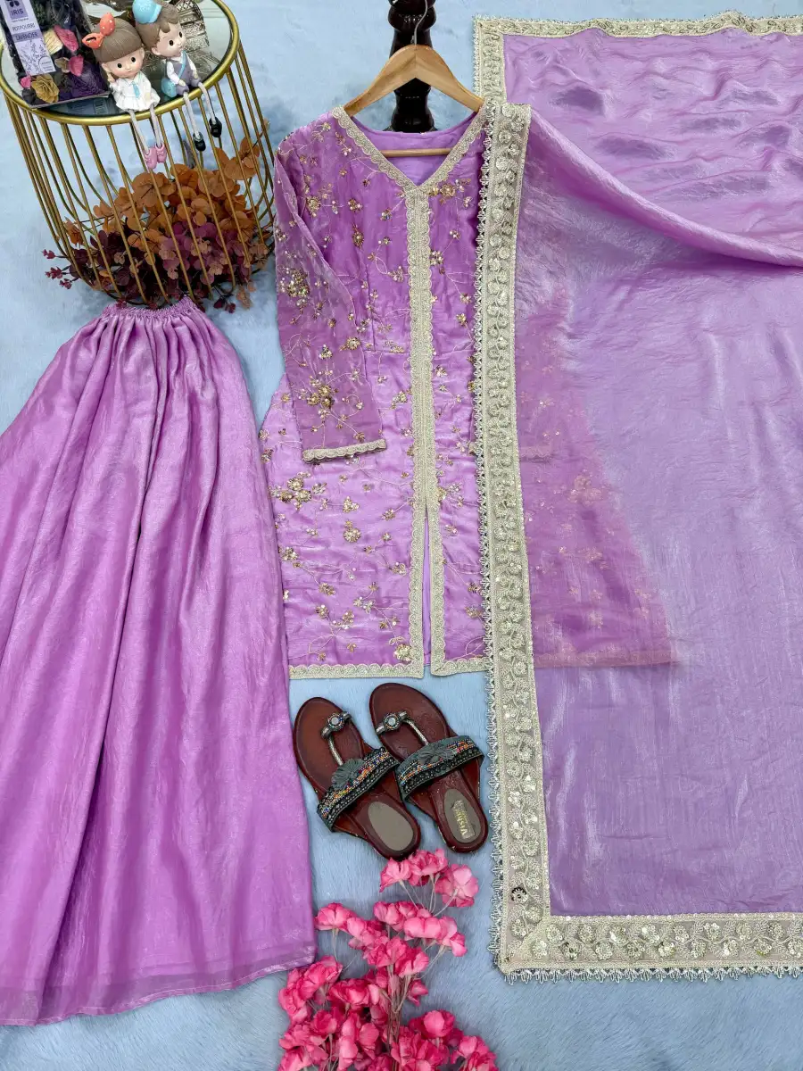 4DESIGNER FENDY SILK EMBROIDERY SEQUENCE & CODING DORI WITH RIVET MOTI WORK TOP PALAZZO WITH DUPATTA FESTIVE WEAR WHOLESALE PRICE ETHNIC GARMENT (15)