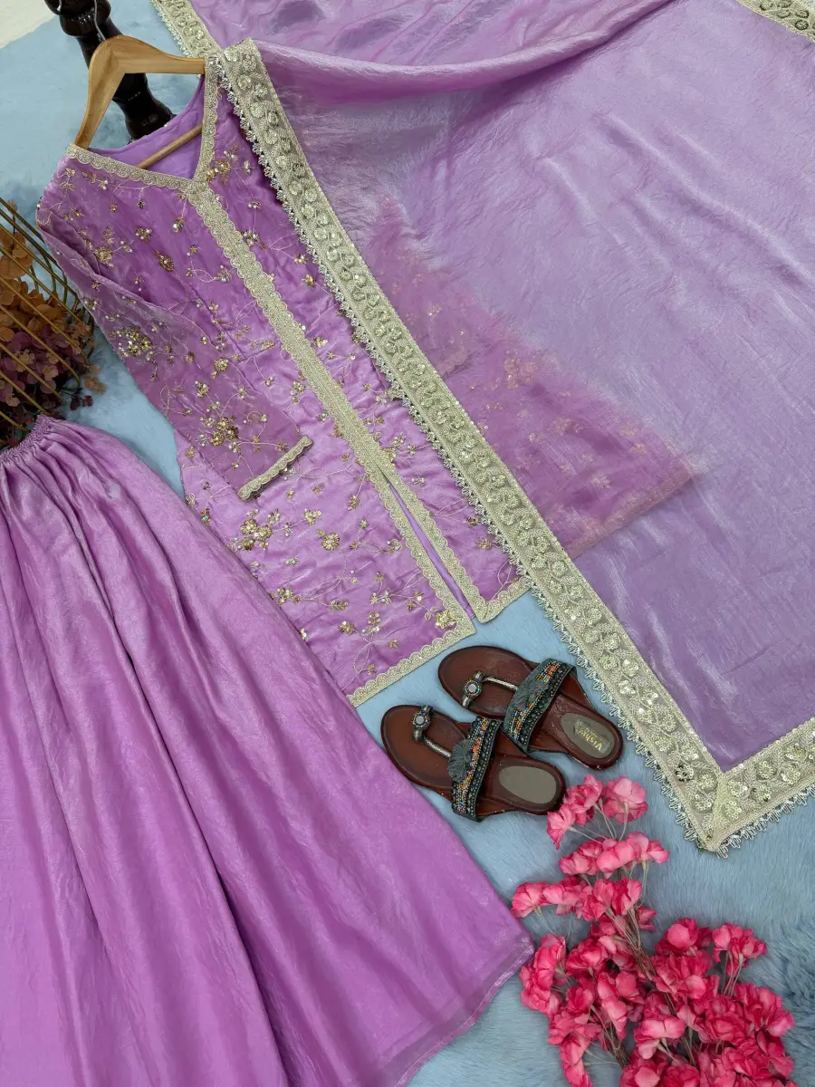 4DESIGNER FENDY SILK EMBROIDERY SEQUENCE & CODING DORI WITH RIVET MOTI WORK TOP PALAZZO WITH DUPATTA FESTIVE WEAR WHOLESALE PRICE ETHNIC GARMENT (17)