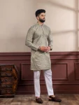 DESIGNER KHADI SILK SEQUENCE EMBROIDERY CHIKANKARI WORK MEN'S ONLY KURTA CREAM