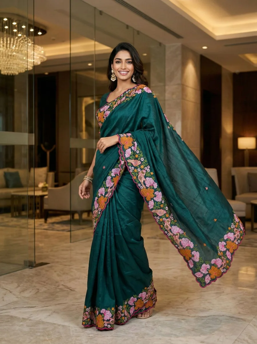 4DESIGNER MANIPURI SILK MULTI COLOUR THREAD EMBROIDERY WITH CUTWORK SAREE WITH UNSTITCHED BLOUSE WEDDING WEAR WHOLESALE PRICE ETHNIC GARMENT (22)